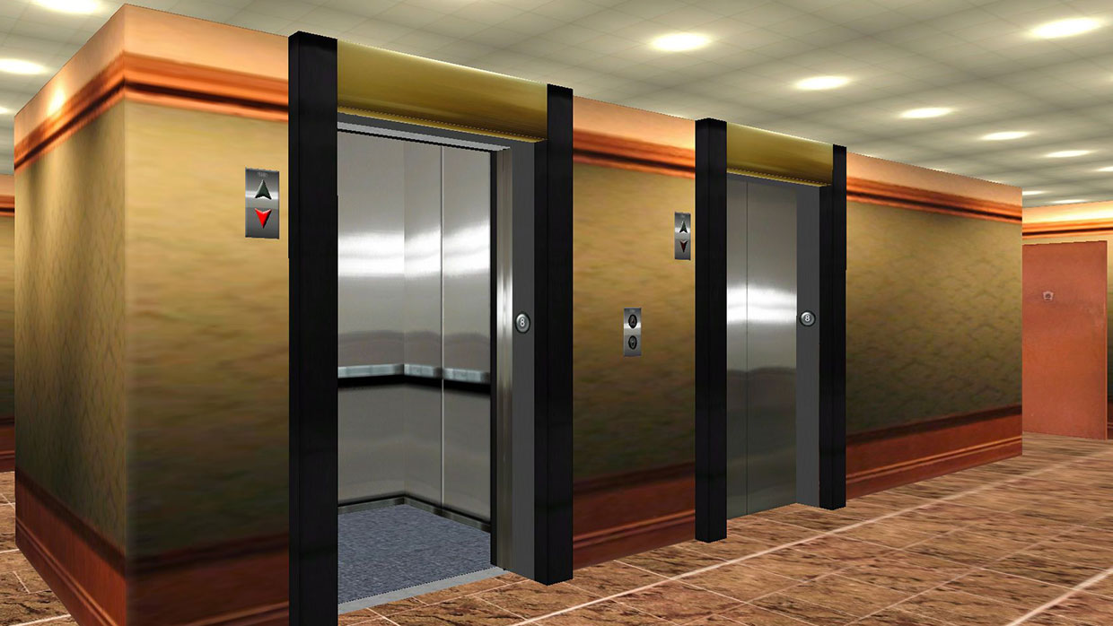 Три вертикальный лифта. Лифт. Современный лифт. Лифт в небоскребе. Двери лифта.